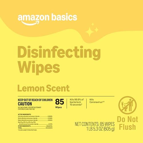 Amazon Basics Disinfecting Wipes, Lemon & Fresh Scent, Sanitizes, Cleans, Disinfects & Deodorizes, 255 Count (3 Packs of 85), Packaging May Vary