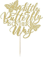 A Little Butterfly is on Her Way Cake Topper,Butterfly Themed Cake Decoration，Great for baby shower, welcome baby, gender reveal party decoration supplies (gold)