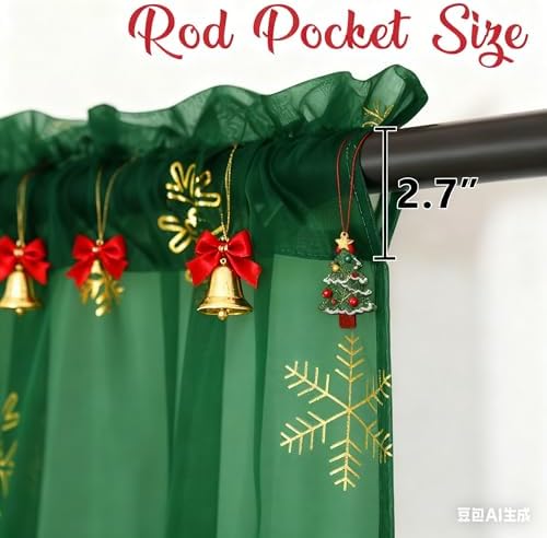 MikiUp Christmas Snowflakes Sheer Curtains, Gold Foil Printed Semi Sheer Drapes, Rod Pocket Xmas Decoration Window Treatment Panels for Bedroom Living Room, Green 52 x 95 inch
