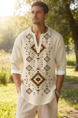 Mens Henley Shirts Summer Casual Button Banded Collar T Shirts Vintage Long Sleeve Cotton Linen Beach Pullover Tops