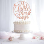 Mis Quince Anos Cake Topper, Feliz 15 Anos, 15th Birthday Cake Topper, Hello 15, Happy 15th Birthday Party Decorations (Rose Gold Glitter)