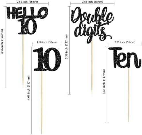 Gyufise 24Pcs Black Glitter 10th Birthday Cupcake Toppers Double Digits Cupcake Toppers Hello 10 Ten Cupcake Picks for 10th Birthday Party Cake Decorations Supplies