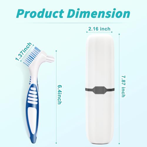 4 Pcs Denture Brush Set for False Teeth with White Carrying Case, Denture Toothbrushes with Double Sided Design, Dental Brush with Multi-Layered Soft Bristles and Rubber Anti-Slip Handle, 4 Colors