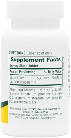 NaturesPlus Vitamin B12 500 mcg - 90 Tablets - Energy & Immune Health Support - Gluten Free, Vegetarian - 90 Servings
