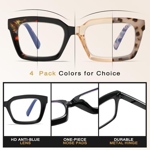 Oversized Reading Glasses for Women, 4 Pack Oprah Style Square Blue Light Blocking Computer Readers for Women