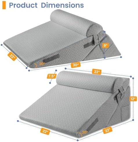 Sasttie Wedge Pillow Set for After Surgery, 2PCS Adjustable Bed Wedge Pillow Headboard with Memory Foam Neck Cushion – for Acid Reflux, Sleeping, Neck & Back Support, Dark Grey