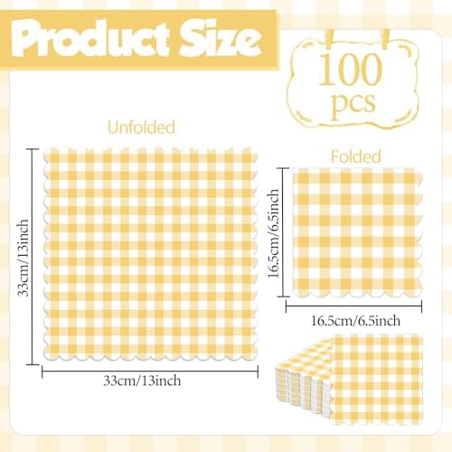 100Pcs 6.5 x 6.5inch Yellow and White Checkered Scalloped Napkins Disposable Yellow Plaid Paper Napkin Plaid Party Decoration for Birthday Picnic Family Dinner BBQ Wedding Baby Shower Party Supplies