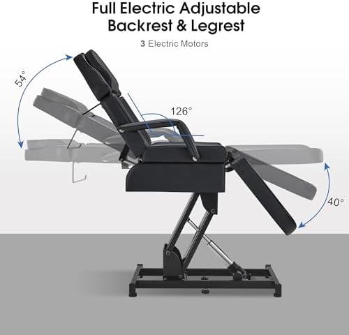 BarberPub Fully Electric Facial Bed with 3 Motor for Esthetician, Electric Tattoo Chair for Client, Facial Bed for Esthetician, Electric Adjustment 2751 (Black, Height (Flat): 25.2"–37")