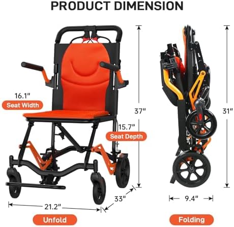 Folding Transport Wheelchair for Adults & Seniors,18 LBS, Travel Portable Wheelchair with Removable Flip Armrests and Swing Footrests, 220 LBS, Locking Handbrake