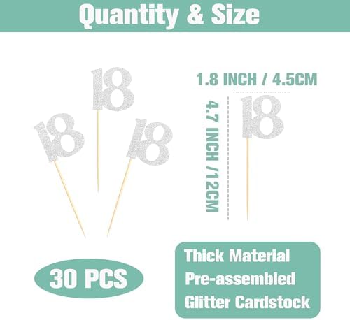 Sotpot 30 Pack Happy 18th Birthday Cupcake Toppers 18 Years Cupcake Decorations for 18th Birthday Anniversary Party Supplies Silver Glitter