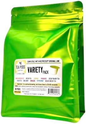 Variety pack tea pods compatible with Nespresso OriginalLine - 18 single-serve capsules hibiscus, english breakfast, peppermint, jasmine, paradise, green and black tea, earl grey bergamot