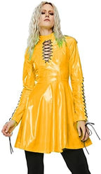 Women PVC Long Sleeve Dress Vinyl Hollow Out A-Line Dress High Waist Above Knee Mini Party Dress,Yellow,XL
