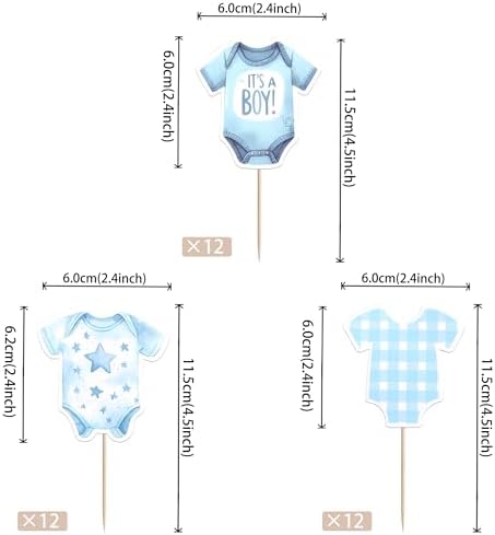 36 PCS Bodysuit Cupcake Toppers Double Sided It's a Boy Cupcake Picks Blue Gingham Theme Party Decorations for Boys Kids Birthday Gender Reveal Baby Shower Party Cake Decorations Supplies