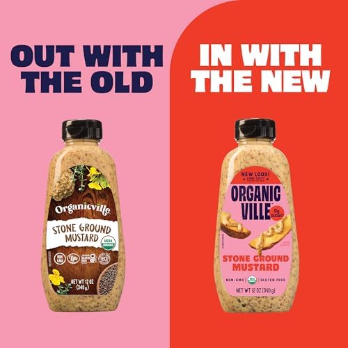 Organicville Stone Ground Mustard - Organic Mustard, 0g Added Sugar, Mustard Stone Ground Organic, Vegan, Gluten Free, USDA Organic, Non-GMO, Whole 30, Paleo, Keto-Friendly - 12 Oz