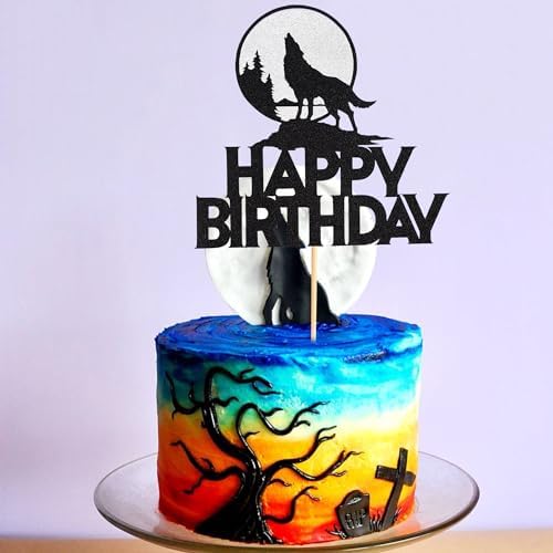 1Pc Wolf Happy Birthday Cake Topper - Timberwolf Howl Glitter Full Moon Cake Picks - Jungle Wild Animal Party Decoration