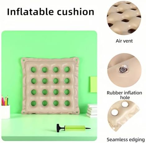 Medical Grade Wheelchair Cushion for Pressure Sores - Breathable Air Pad,Beige PVC Air Seat Pad,Pressure Relief Donut Design, Ventilated Holes,Donut Hole Design w/Hand Pump (17x17in) (Beige)