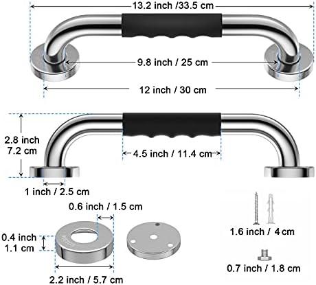 12 Inch Anti-Slip Shower Grab Bars w/Rubber Grip - 1" Diameter, iMomwee Chrome SUS304 Stainless Steel Bathroom Grab Bar Handle, Safety Balance Handrail for Wall, Handicap Elderly Assist Bath Handle