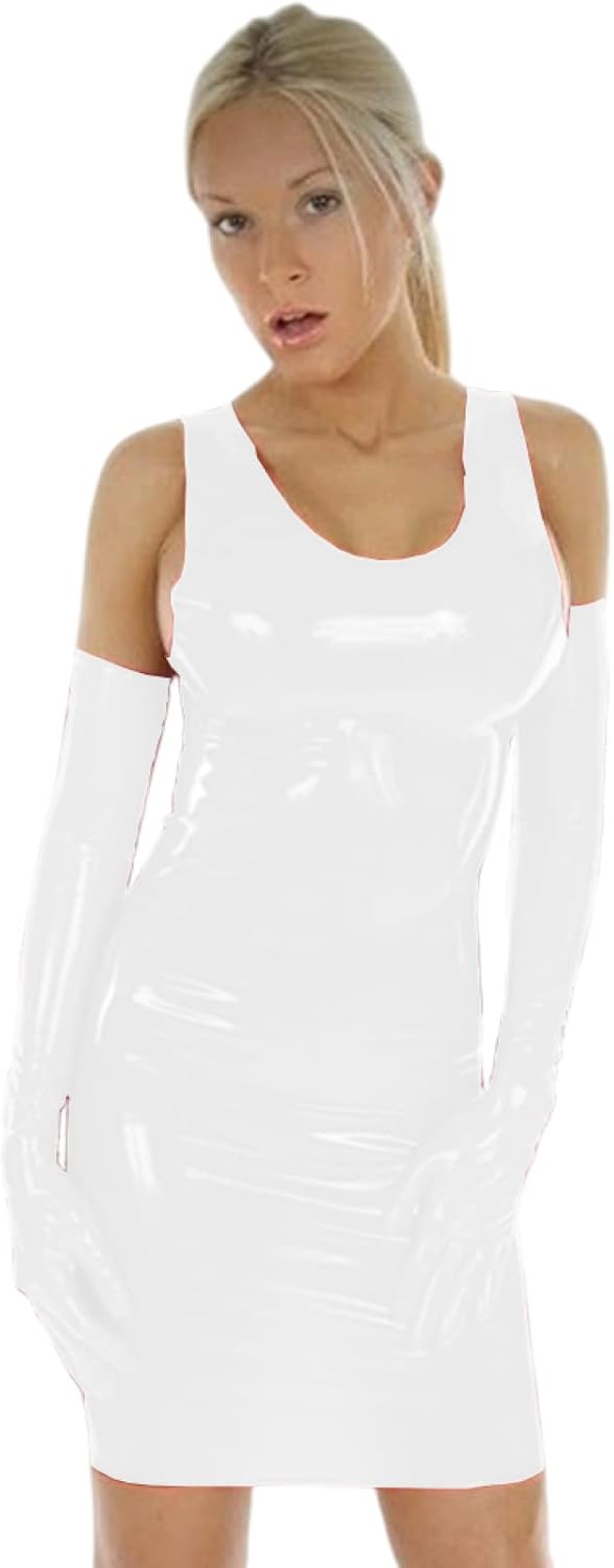 Plus Size PVC Mini Tank Dress Sexy PU Patent Leather Sheath Dress Mini Slim Latex Nightclub Dresses with Gloves,White,M