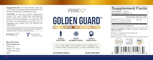 Golden Guard Fisico Turmeric Extract, 60 Vegetable Capsules, Natural Cell Defense Supplement for Joint Health and Cognitive Support