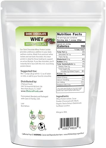 Whey Protein Isolate - Dark Chocolate Flavor with Zero Sugar - Delicious All Natural Protein Powder - Mix in Smoothie, Shake, Juice, Or Recipe - Hormone Free, Non GMO, & Gluten Free - 1 lb