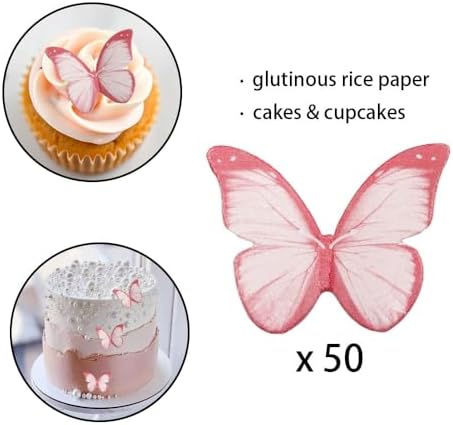 50 PCS Edible Butterflies for Cake Decorating Wafer Paper Butterfly Cupcake Toppers Realistic Edible Butterflies Cake Toppers for Butterfly Theme Wedding Birthday Party Cupcake Decoration Supplies Red