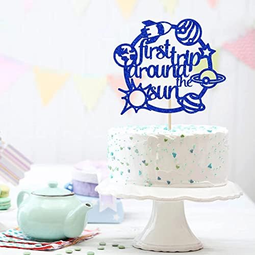 First Trip Around The Sun Cake Topper Happy Birthday Toppers for Outer Space Theme Party Decorations Baby 1st Birthday, One Year Old Supplies Rocket Galaxy Planet Kids blue flash