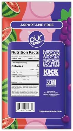 PUR Jumbo Gum | Aspartame Free Chewing Gum | 100% Xylitol | Natural Bubblegum, Grape, Watermelon Flavor, 20 Pieces (Pack of 3)