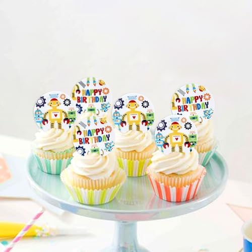 Ercadio 48 PCS Edible Robot Cupcake Toppers Cartoon Robot Cake Picks Gear Happy Birthday Cake Decor for Kids Theme Boys Birthday Baby Shower Party Supplies