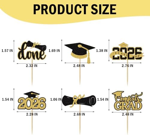 2026 Graduation Cupcake Toppers Picks - 48 PCS Pre-Assembled Gold Glitter Cake Picks, Diploma & Grad Cap Decor Party Supplies for Class Graduation Decorations Gifts