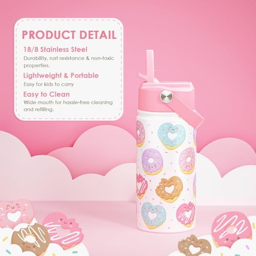 SANDJEST Donut Kids Water Bottle With Straw Lid 12oz Insulated Stainless Steel, Sprinkle Travel Tumbler, Gifts for Girls, Birthday, Christmas, Back To School