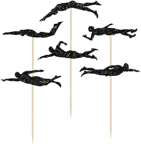 Gyufise 24Pcs Swim Team Cupcake Toppers Black Swimmer Swimming Cupcake Toppers Swim Party Cake Topper Decorations for Beach Pool Party Supplies