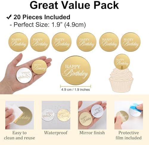 20PCS Gold happy Birthday Cupcake Toppers, Circle Mirror Birthday Cupcake topper, Gold Acrylic Birthdays Cup Cake Toppers Decoration for Party