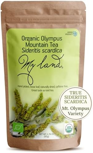 My Land Organic Greek Mountain Tea – Loose Leaf Ironwort (Sideritis) Handpicked on Mount Olympus, Greece, 1.76 oz (50 g) | Organic Caffeine-Free Herbal Tea with Subtle Floral Notes