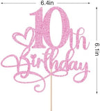Happy 10th Birthday Cake Topper，Anniversary Party/Boy or Girl Ten Year Old Birthday Party Supplies Pink Glitter