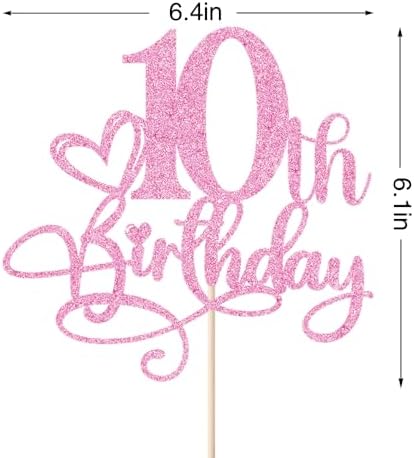 Happy 10th Birthday Cake Topper，Anniversary Party/Boy or Girl Ten Year Old Birthday Party Supplies Pink Glitter