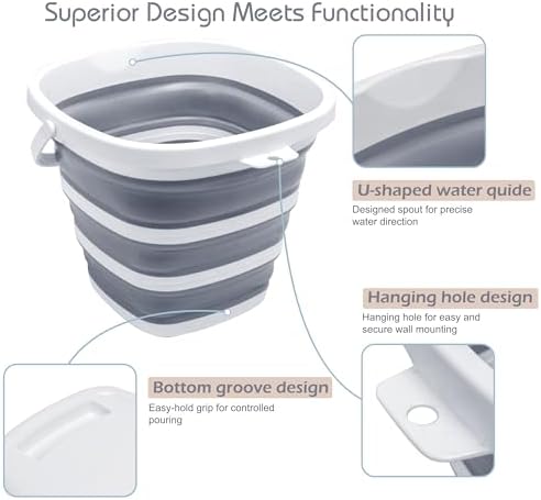 Collapsible Bucket, 2.6 Gallon (10L) - Square Foldable Mop Bucket for House Cleaning, Car Washing, Camping - Portable Water Pail for Outdoor, RV, Travel (Grey)