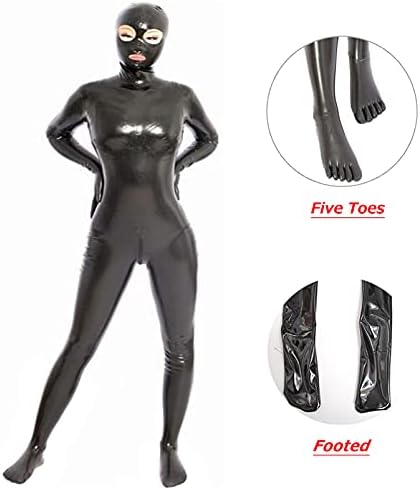 leesuo Women's Sexy Shiny Wetlook PVC Leather Zipper Crotch Bodysuit Catsuit with Gloves Toes Clubwear