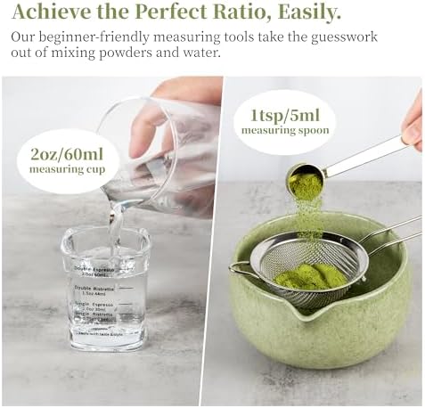 YIBO Matcha Whisk Set With Bowl, Ceramic Matcha Making Kit Includes Bamboo Whisk (Chasen), Holder Stand, Powder Starter Sifter, Scoop, Measuring Spoon & Cup Tea Tools For Ceremony (Mottled Green)
