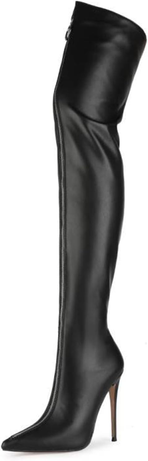 Women's Over The Knee Boots, Ladies Thigh High Boots Stiletto Heel Large Size Pointed Toe Front Zipper Long Boots 12 Cm/4.72 Inches, 38 EU,Black