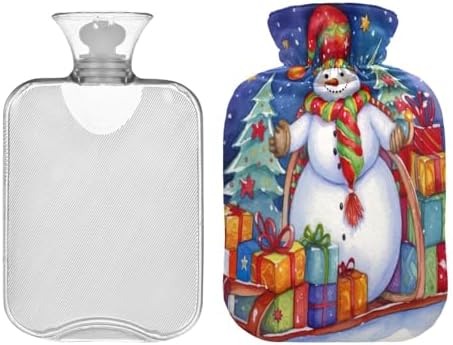 Hot Water Bottle with Cover 1L Warm Water Bottle for Hot and Cold Compress Hot and Cold Therapies,Hand Feet Warmer,Christmas Snowman