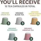 G GRANA Tea Pods, Compatible with Nespresso OriginalLine, 15 Count, Variety Pack of Green Tea, Black Tea, Green Ginger Lemon, Peppermint, and Hibiscus Teas, USDA Organic, Single Serve Capsules