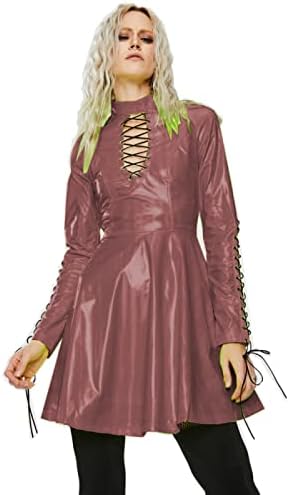 Women PVC Long Sleeve Dress Vinyl Hollow Out A-Line Dress High Waist Above Knee Mini Party Dress,Dark Red,XL