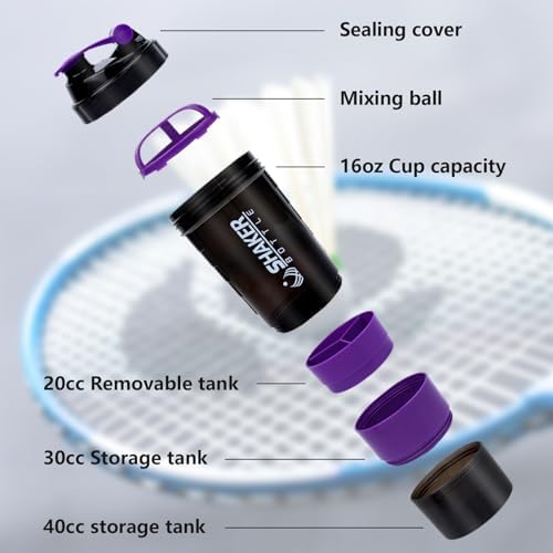 XTK Shaker Bottle Protein Shaker Bottles with Storage and Mix Ball, 16OZ Sports Water Bottle with Pill Organizer,Leak Proof Portable Shaker Bottles for Protein Mixes and Pre Work Out,BPA Free(purple)