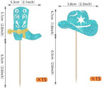 Rsstarxi 30 Pack Cowboy Cupcake Toppers Cowboy Party Cake Decorations Blue Glitter Cowboy Hats Boots Cupcake Picks for Western Theme Baby Shower Birthday Party Decorations Favors