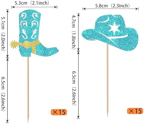 Rsstarxi 30 Pack Cowboy Cupcake Toppers Cowboy Party Cake Decorations Blue Glitter Cowboy Hats Boots Cupcake Picks for Western Theme Baby Shower Birthday Party Decorations Favors