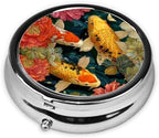 Fresh Flowers and koi Fish Prints Round Mini Pill Box with 3 compartments for Pill Storage and Portable Travel