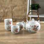 Urban Tokyo Japanese Cherry Blossom Torii Gate Design Tea Set, 22 oz Ceramic Teapot with 4 Cups, White with Bamboo Handle