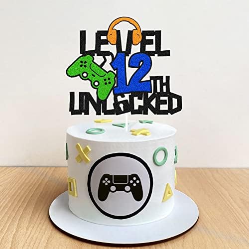 Level 12th Unlocked Cake Topper, Happy 12th Birthday Level Up Cake Decoration, Video Game Controller Play Game Theme, Boy’s Twelfth Birthday Party Supplies