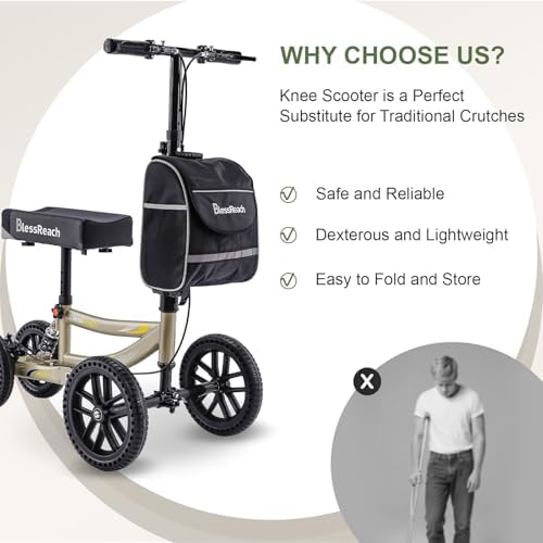 Knee Scooter, 350lbs Capacity, 13" Big PU Seat, Disc Brake Knee Walker, All Terrain Foldable Knee Scooter Walker with Bag for Foot Injuries Compact Crutches Alternative (Champagne)