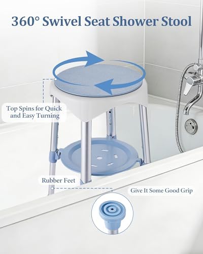 Shower Stool with Storage Tray, Height Adjustable Rotating Shower Chair for Seniors and Adults, 360° Swivel Tub Transfer Bench for Bathroom and Inside Shower (Blue)